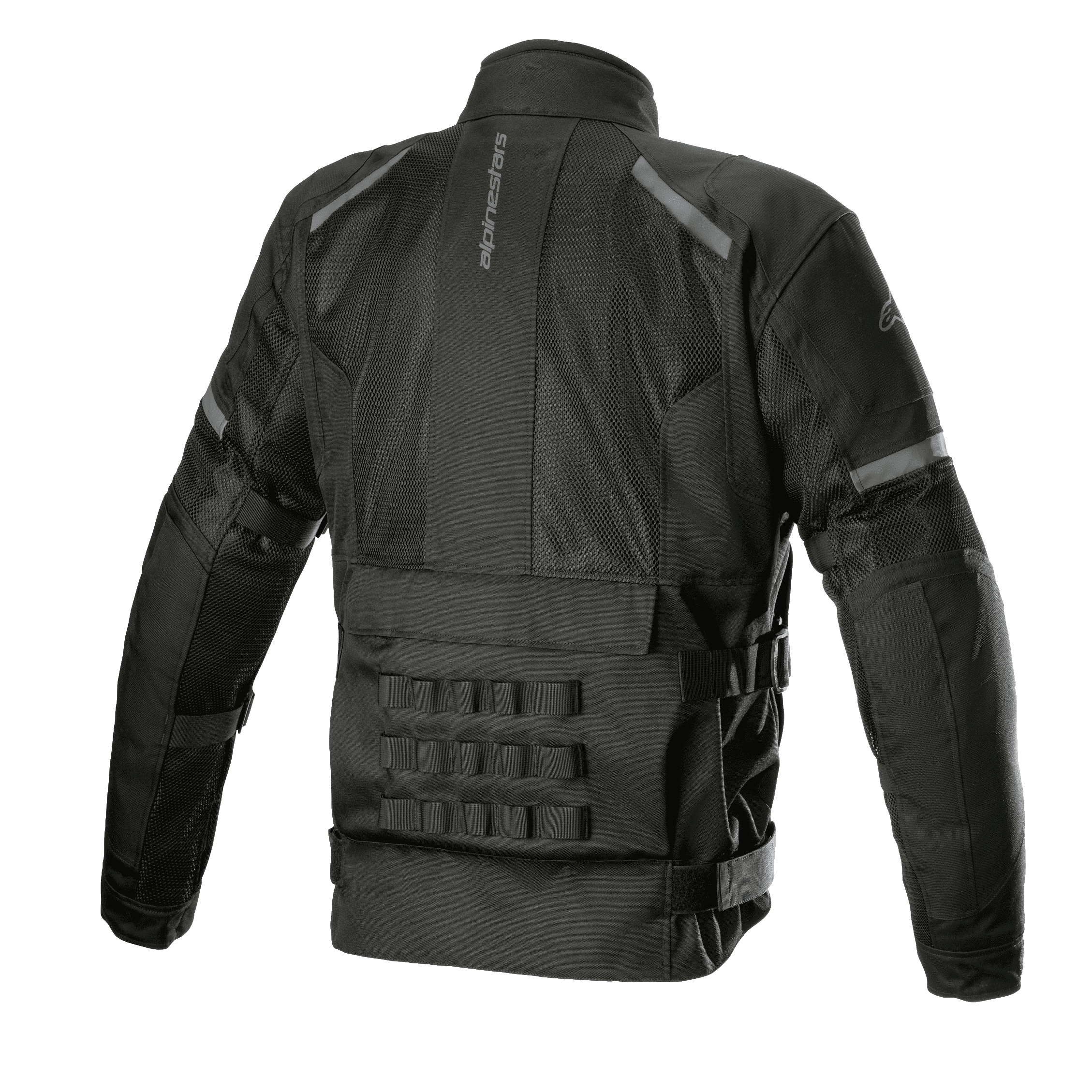 Veste Alpinestars Crosshill Air Waterproof, noire, vue arrière mettant en évidence les larges panneaux en mesh technique, le logo Alpinestars vertical, le système de connexion modulaire PALS sur le bas du dos et les sangles de réglage à la taille, équipement de touring moto durable