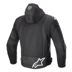 Alpinestars FQ20 Zaca Air Monster Jacket, Textile Motorcycle Jacket, Black and White, Rear view showing large white Alpinestars logo on the lower back, Monster Energy claw logo on the hood, 3D mesh ventilation panels, and DFS Lite shoulder sliders.
