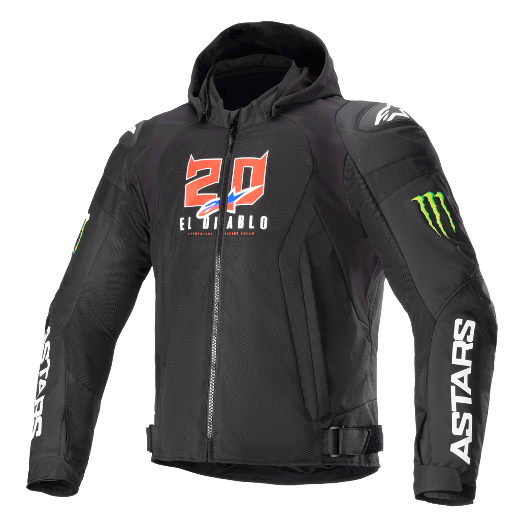 Alpinestars FQ20 Zaca Air Monster Jacket, Black textile motorcycle jacket with hood, featuring red and white "20 El Diablo" graphics, green Monster Energy claw logos, white ASTARS branding on sleeves, DFS Lite shoulder sliders, zip closure