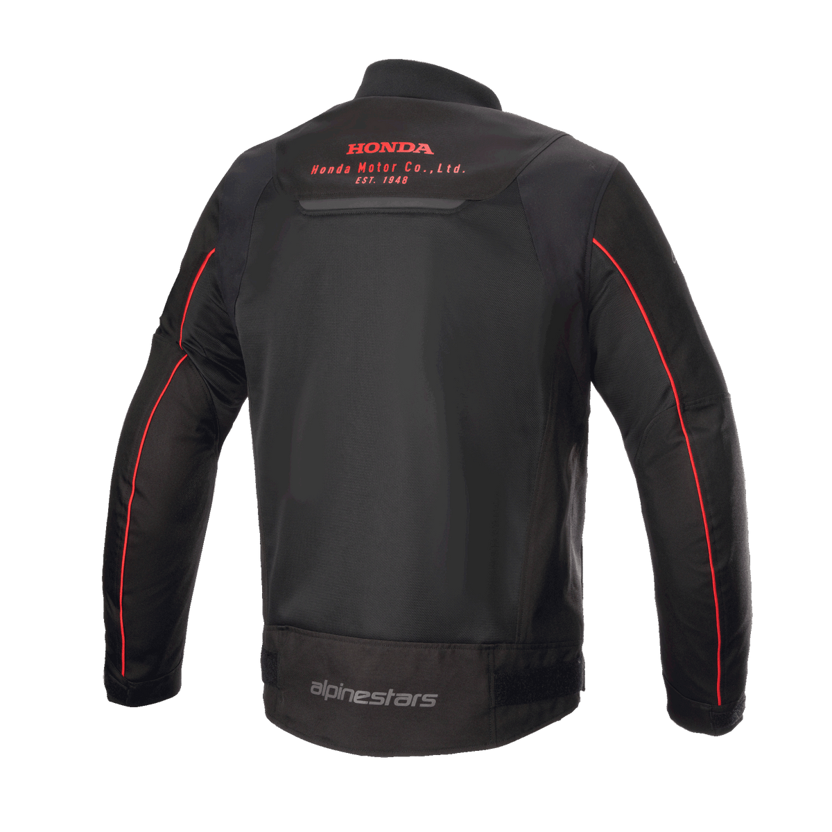 Veste Alpinestars Honda Luc V2 Air, noir et rouge, vue arrière montrant les panneaux en maille respirante, logo Honda Motor Co. rouge sur le haut du dos, marquage Alpinestars sur le bas du dos et liserés rouges sur les manches, veste de moto urbaine