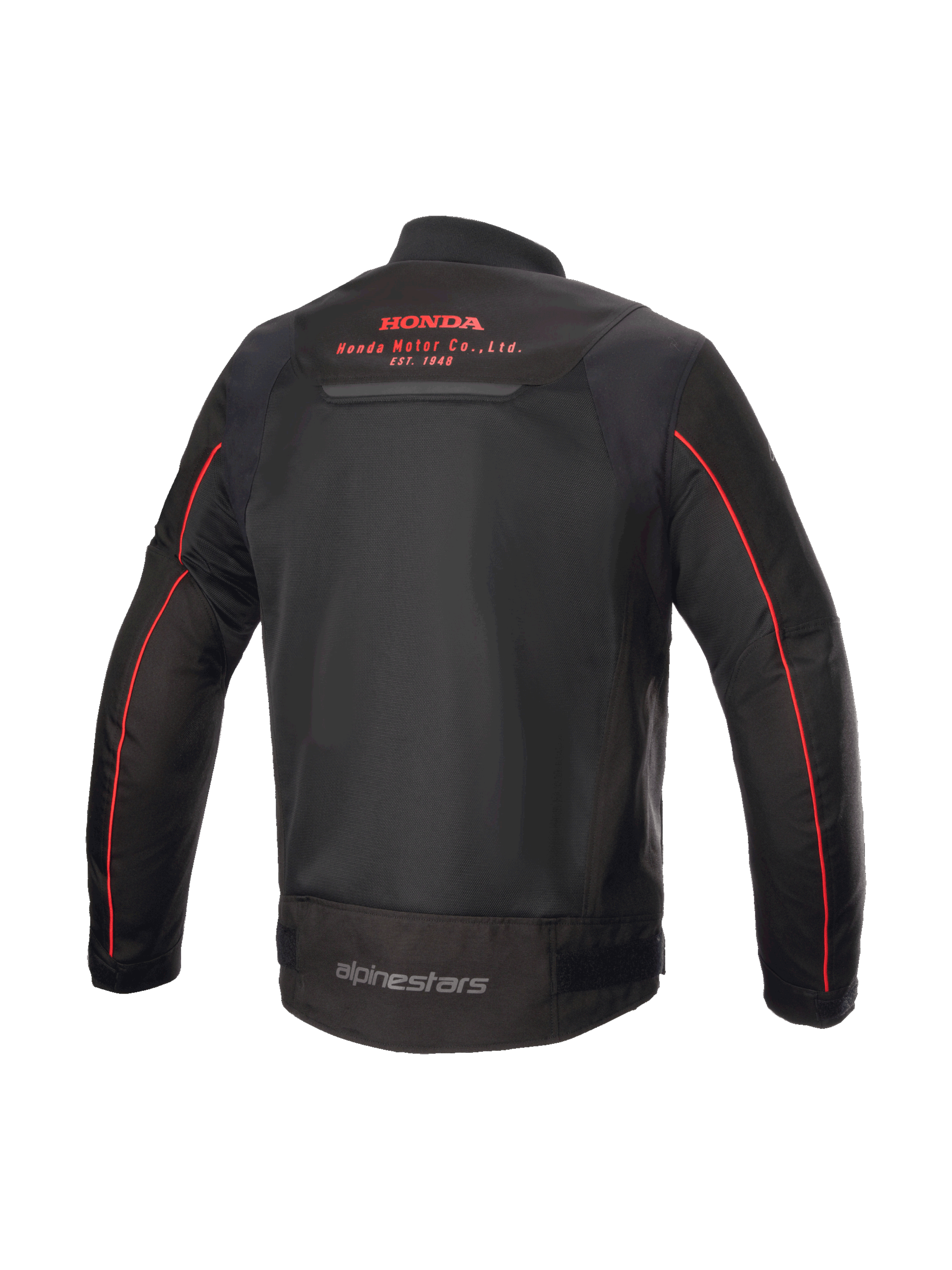 Honda Luc V2 Air Jacket, Alpinestars urban motorcycle jacket in black and red, rear view with mesh panels and Honda logo.