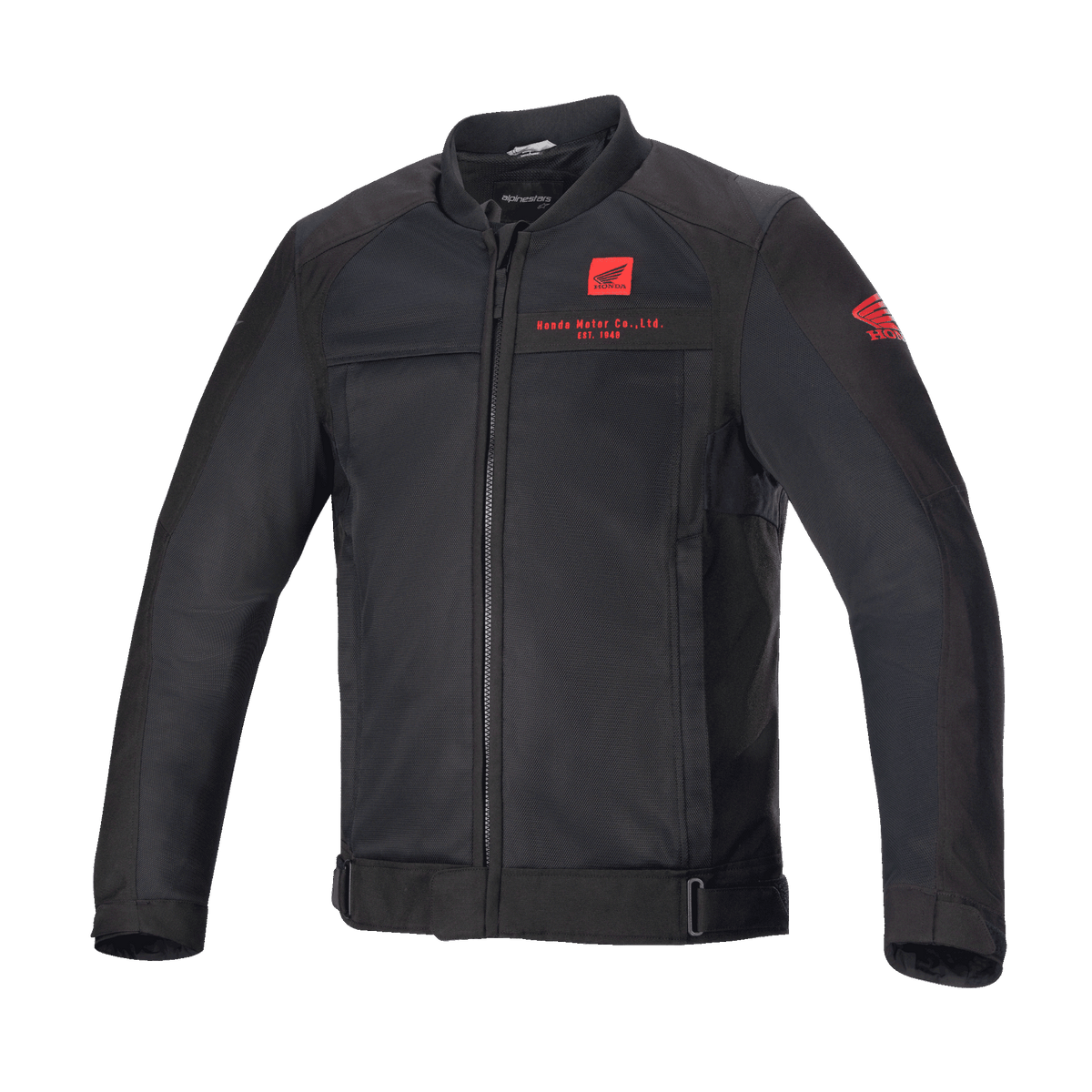Veste Alpinestars Honda Luc V2 Air, veste de moto noire, style bomber avec panneaux en maille, logo Honda rouge sur la poitrine et la manche, fermeture éclair frontale, col côtelé, taille et poignets ajustables, textile pour conduite urbaine
