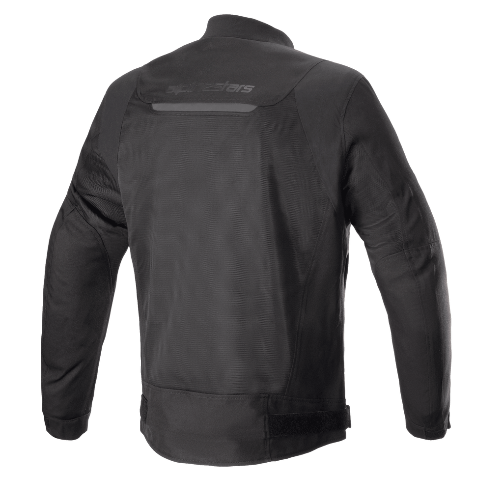 Alpinestars Luc V2 Air Jacket, Black, Rear view of urban bomber-style motorcycle jacket featuring extensive mesh panels for airflow, reflective strip on upper back, and adjustable waist straps