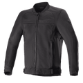 Alpinestars Luc V2 Air Jacket, Black motorcycle jacket, bomber-style with front zipper and ribbed collar, adjustable waist straps, mesh panels for ventilation, subtle branding on chest and sleeve, durable textile fabric for urban riding
