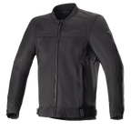 Alpinestars Luc V2 Air Jacket, Black motorcycle jacket, bomber-style with front zipper and ribbed collar, adjustable waist straps, mesh panels for ventilation, subtle branding on chest and sleeve, durable textile fabric for urban riding