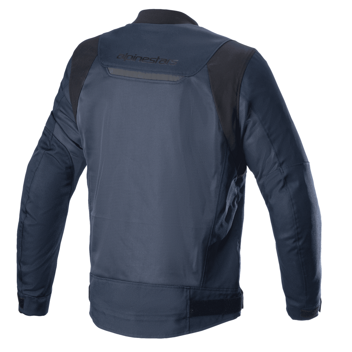 Veste Alpinestars Luc V2 Air, Bleu Marine Noir, vue arrière, avec panneaux en mesh pour la circulation de l'air, détails réfléchissants et logo Alpinestars sur le haut du dos, veste de moto textile de style bomber