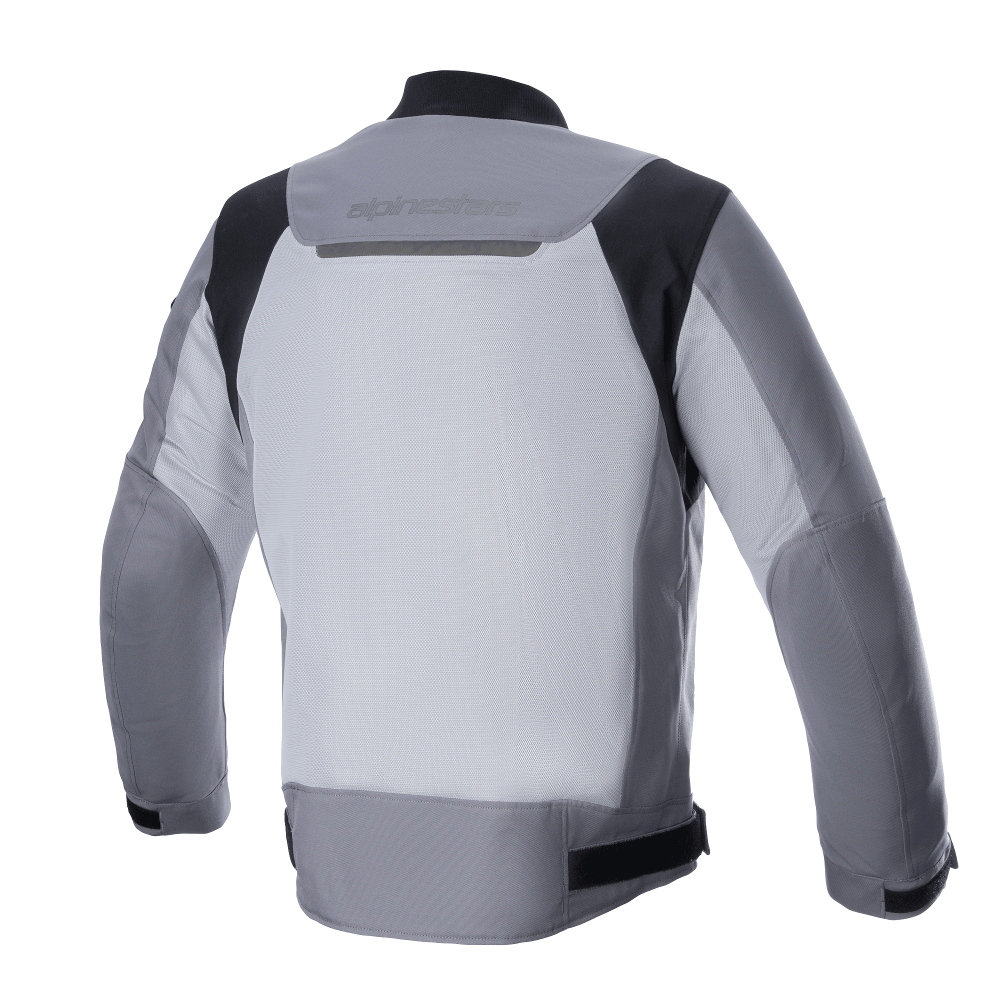 Veste Alpinestars Luc V2 Air, veste de moto en textile, gris foncé et gris moyen, vue arrière avec un grand panneau en mesh ventilé, détails noirs aux épaules et marquage réfléchissant sur le haut du dos