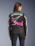 Alpinestars Idles Women’s Jacket, Rear View, Black Off White and Purple, large graphic star logo on the back, teal embroidered wordmark, accordion panels on shoulders, vintage-inspired urban motorcycle gear