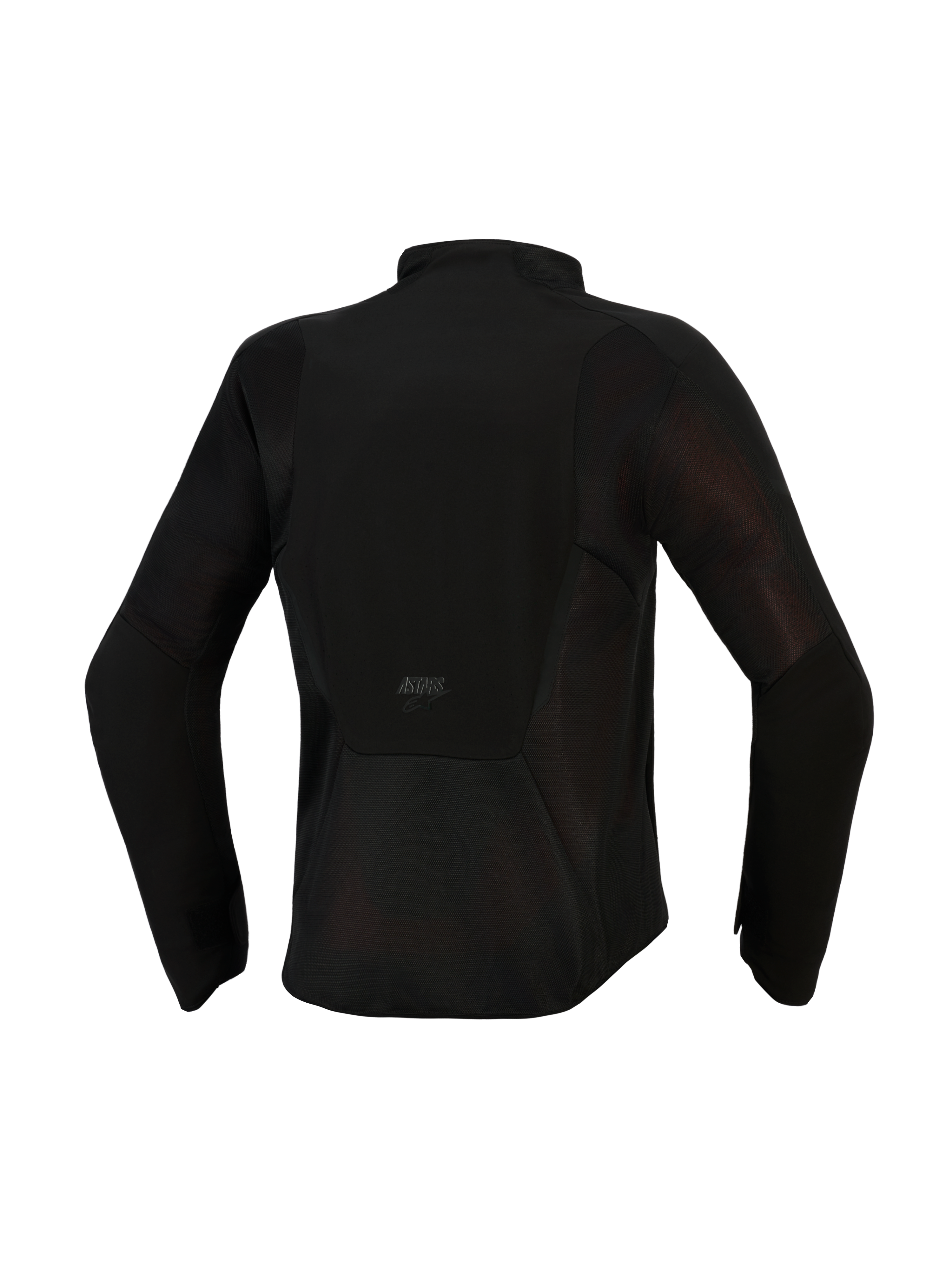 Veste Alpinestars Stella Aeroshell Airflow, veste de moto pour femme, Noir Anthracite, vue arrière montrant les panneaux de ventilation en maille étendus, le châssis en softshell perforé au laser et le marquage ASTARS sur le bas du dos