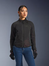 Alpinestars Stella Aeroshell Airflow Jacket, veste de moto pour femme, noire avec perforations subtiles, col montant, fermeture éclair frontale, gants noirs avec accents rouges