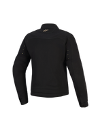Veste Alpinestars Stella Grace, veste de moto urbaine pour femme, noire, vue de dos avec un petit logo Astar doré sur le col, des œillets métalliques sur les manches et des surpiqûres plissées au bas du dos.