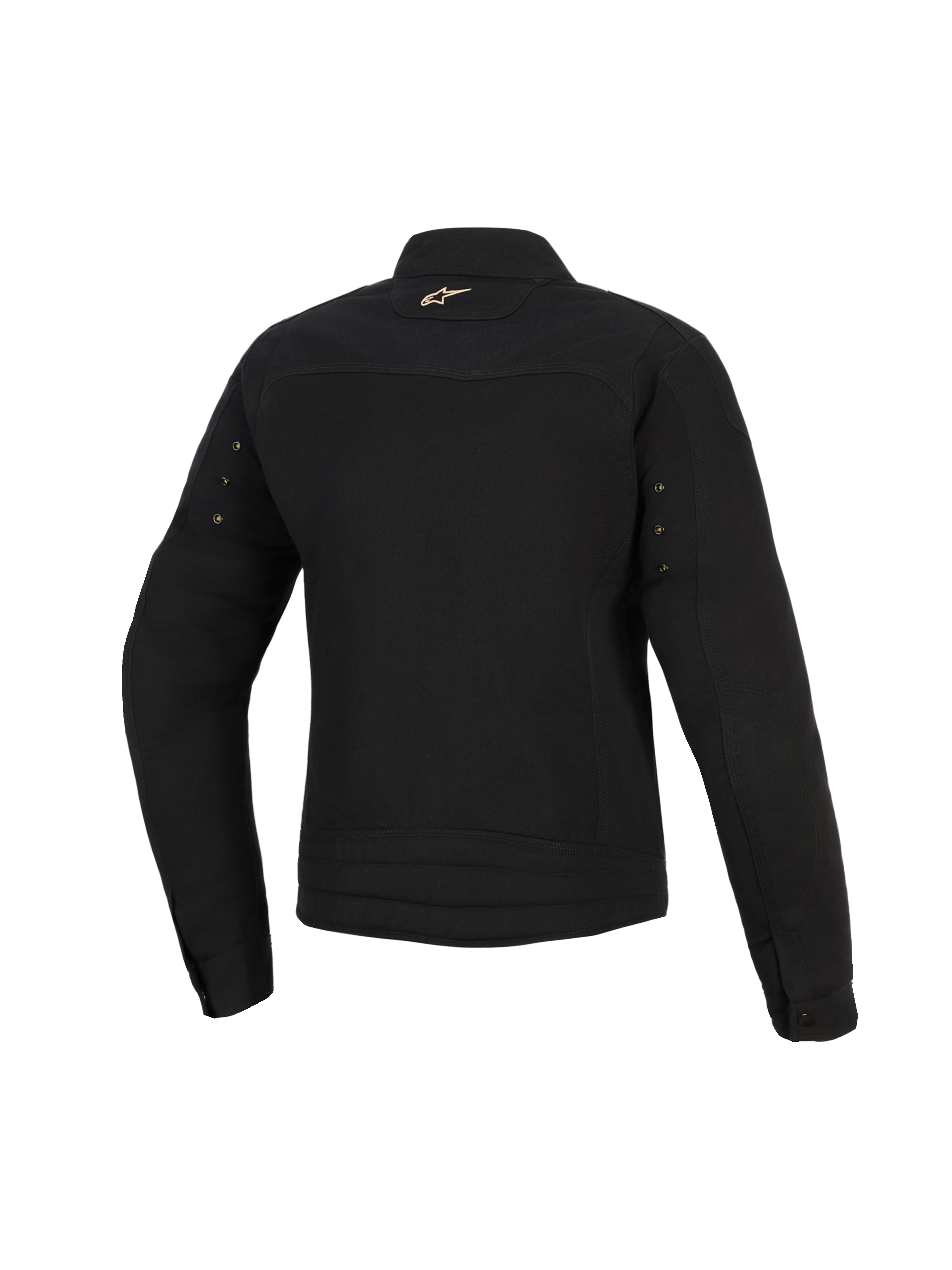 Veste Alpinestars Stella Grace, veste de moto urbaine pour femme, noire, vue de dos avec un petit logo Astar doré sur le col, des œillets métalliques sur les manches et des surpiqûres plissées au bas du dos.