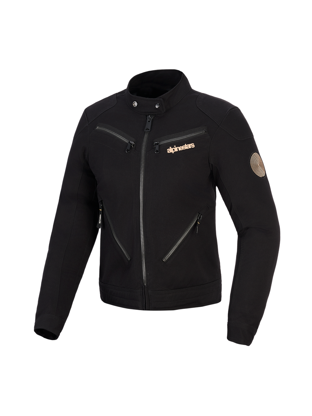Veste Alpinestars Stella Grace, veste de moto pour femme, noire, design d'inspiration workwear urbain avec plusieurs fermetures éclair à l'avant, col à bouton-pression, logo Alpinestars cuivré et écusson vintage en spirale sur la manche.