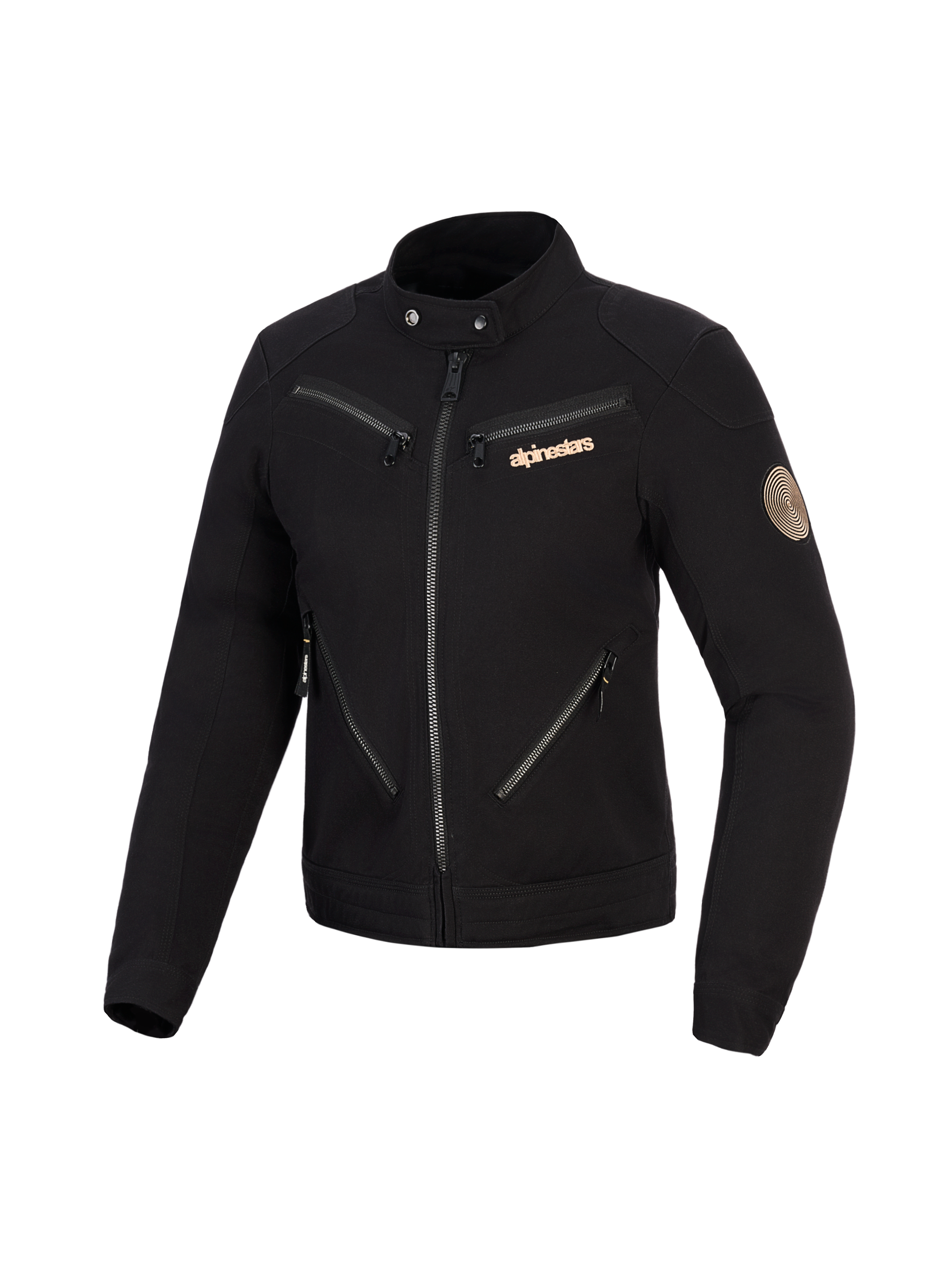 Veste Alpinestars Stella Grace, veste de moto pour femme, noire, design d'inspiration workwear urbain avec plusieurs fermetures éclair à l'avant, col à bouton-pression, logo Alpinestars cuivré et écusson vintage en spirale sur la manche.