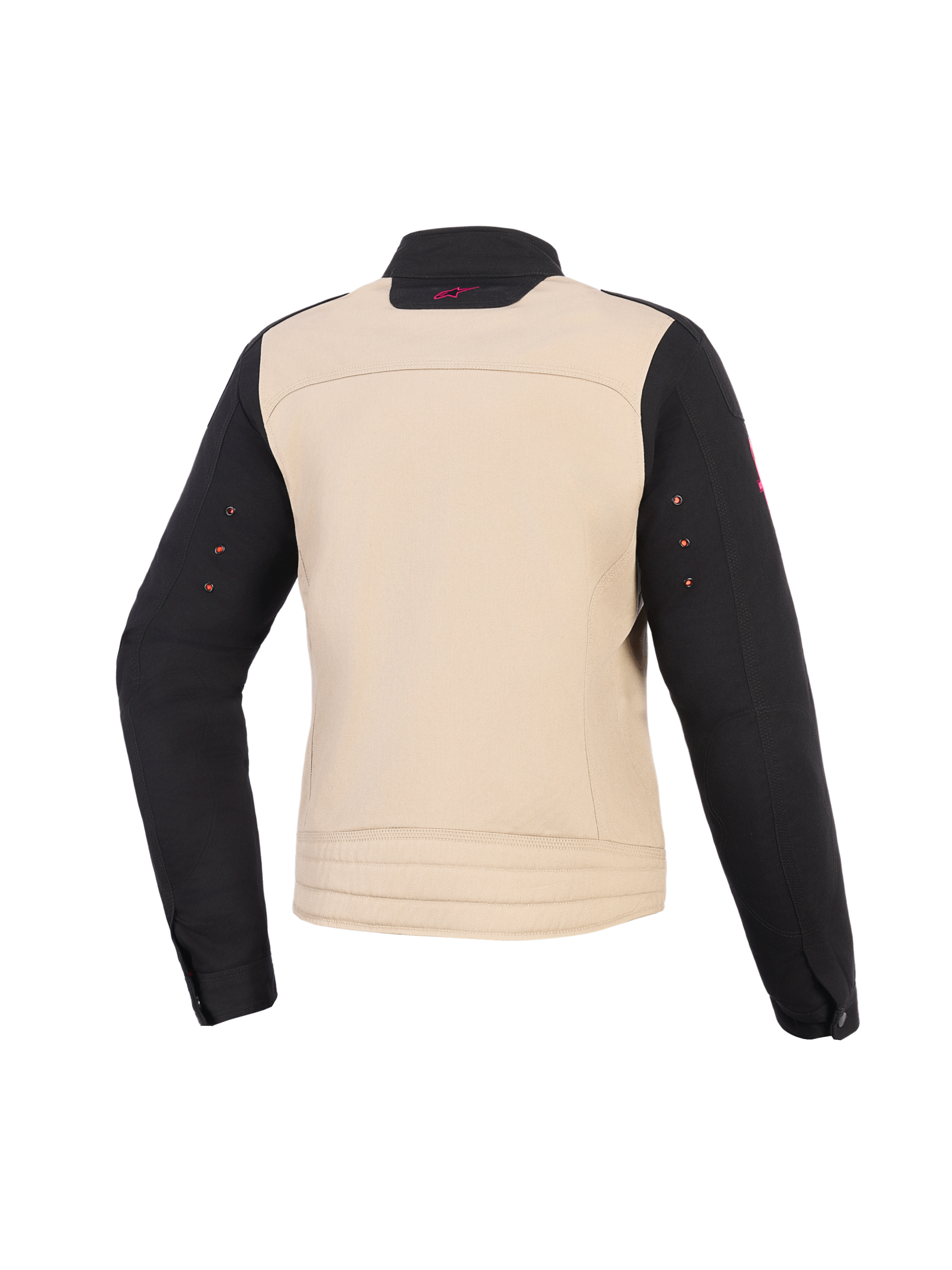 Veste Stella Grace Alpinestars pour femme, veste de moto pour femme, Aluminum Black, vue arrière, construction textile avec un buste beige, des manches noires et un petit logo rose sur le col.
