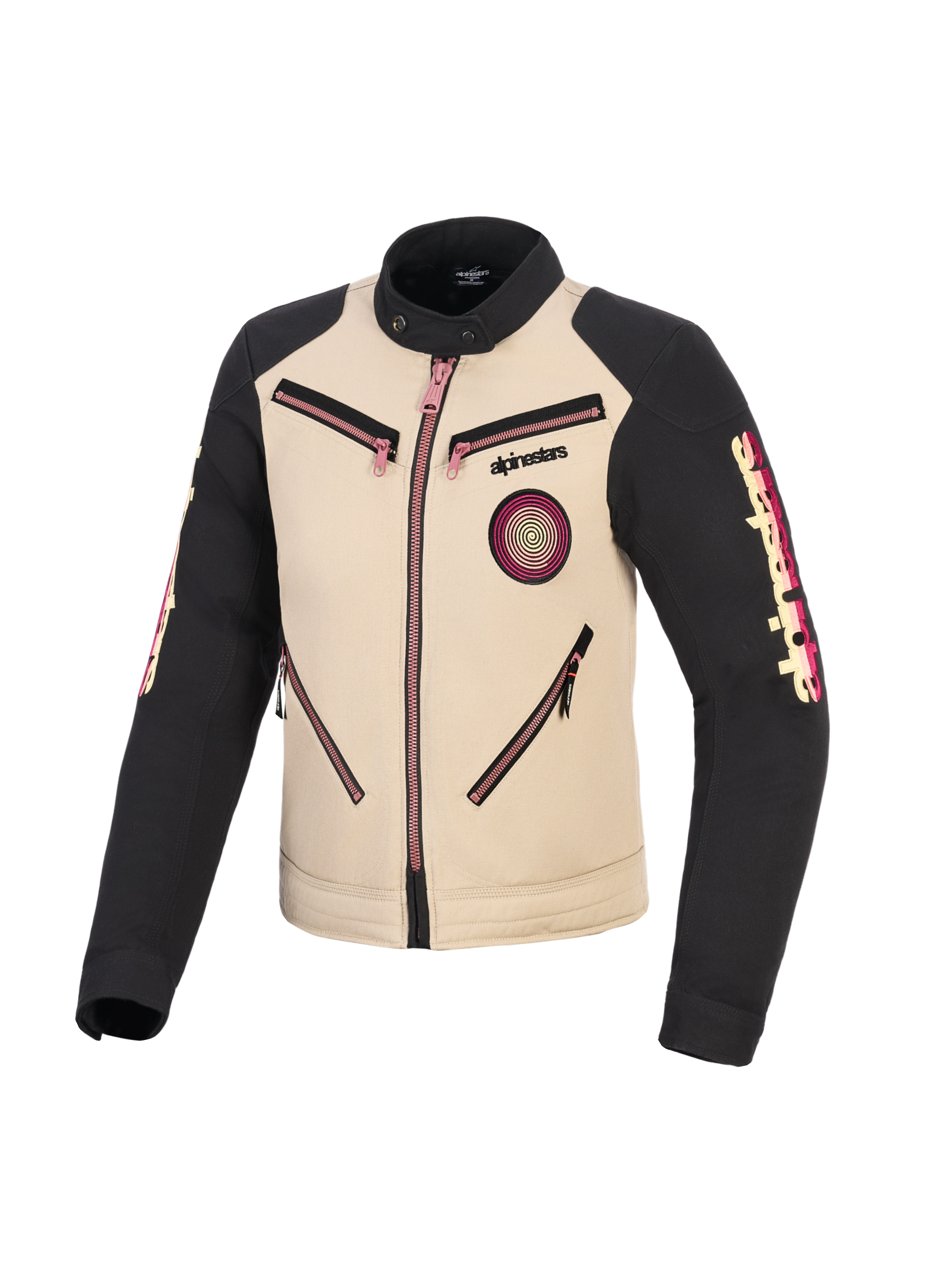 Veste Alpinestars Stella Grace, veste de moto pour femme, aluminium et noir avec des touches de rose sur les fermetures éclair, vue de face montrant un design urbain inspiré du style workwear, écusson Oscar en spirale sur la poitrine et marquage Alpinestars sur les manches