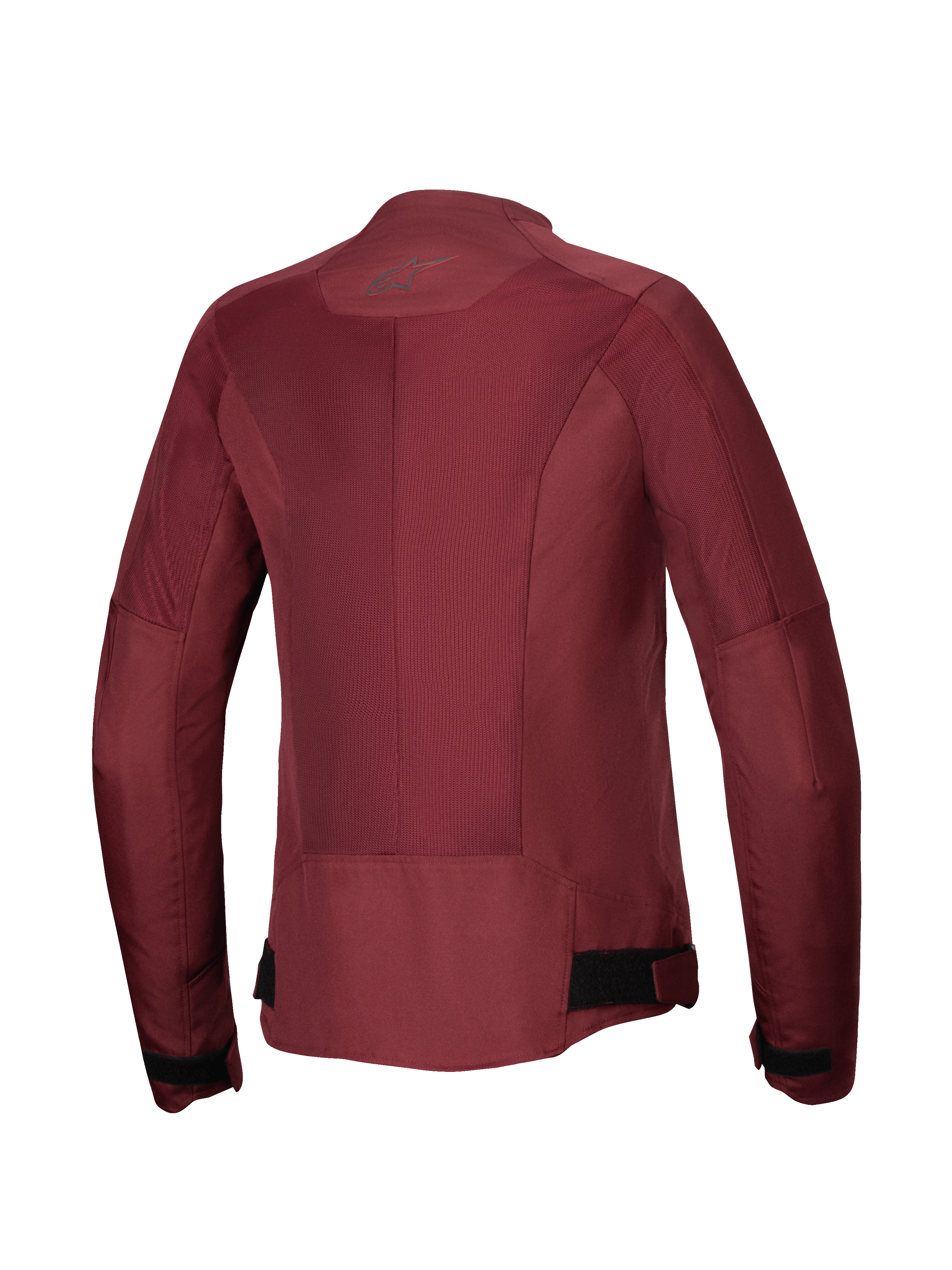Alpinestars Stella C-1 Air Jacket, Woman's Motorcycle Jacket, Burgundy, back view featuring large tech mesh panels for airflow, reflective logo at the neck, and adjustable waist straps, urban riding gear