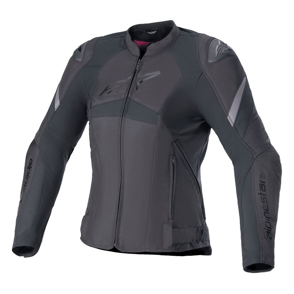 Alpinestars Stella T-GP Plus R V4, veste de moto en textile pour femme, noire, coupe sport ajustée, fermeture éclair frontale, protections d'épaules externes, logos discrets sur la poitrine et les manches