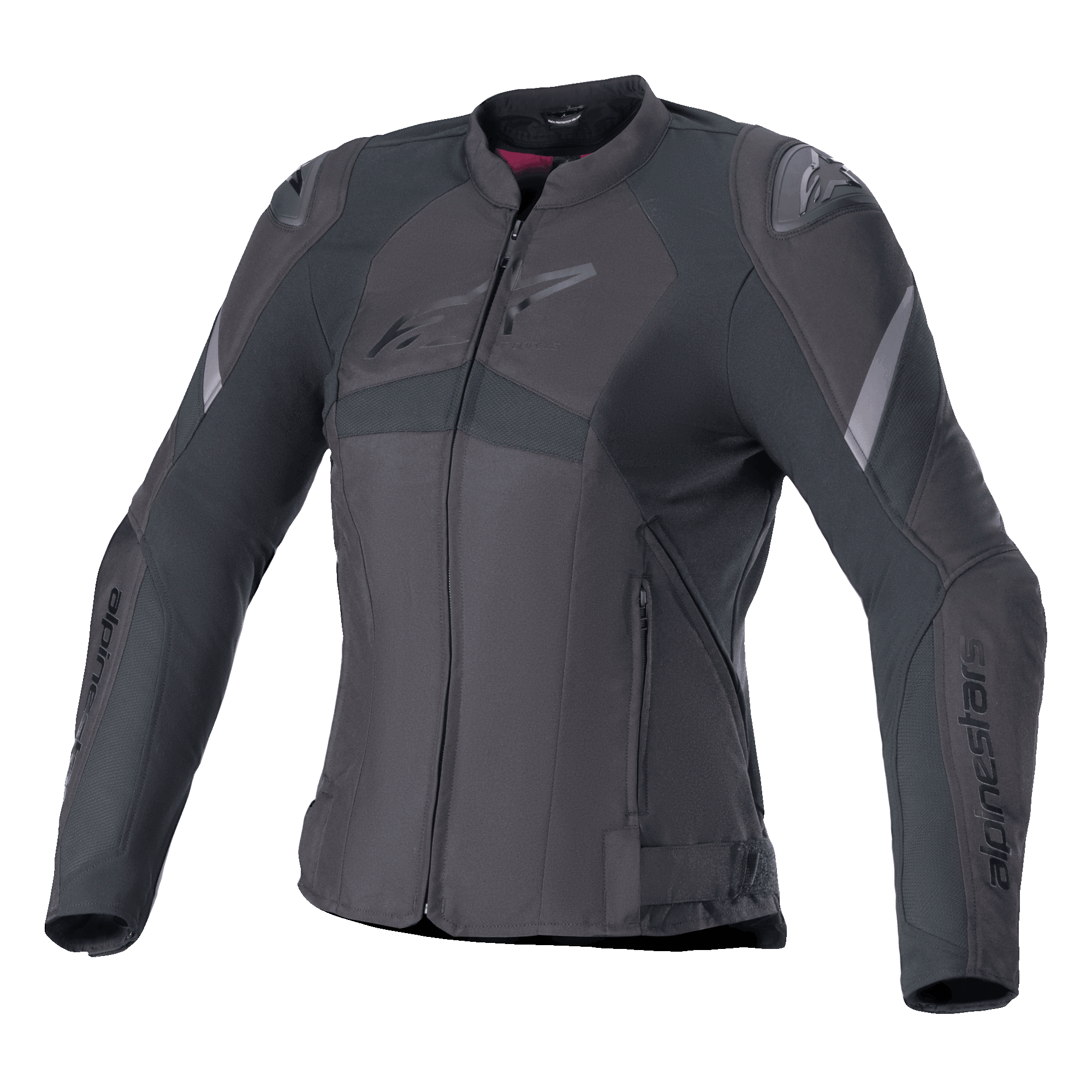 Alpinestars Stella T-GP Plus R V4, veste de moto en textile pour femme, noire, coupe sport ajustée, fermeture éclair frontale, protections d'épaules externes, logos discrets sur la poitrine et les manches