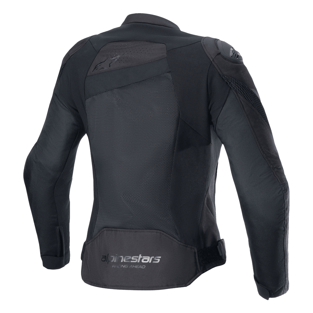 Veste Alpinestars Stella T-GP Plus R V4 Airflow, noire, vue de dos avec de larges panneaux en mesh pour un flux d'air maximal, logo « Alpinestars Racing Ahead » sur le bas du dos, veste de moto sport en textile pour femme