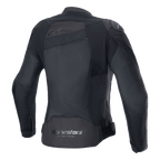 Veste Alpinestars Stella T-GP Plus R V4 Airflow, noire, vue de dos avec de larges panneaux en mesh pour un flux d'air maximal, logo « Alpinestars Racing Ahead » sur le bas du dos, veste de moto sport en textile pour femme