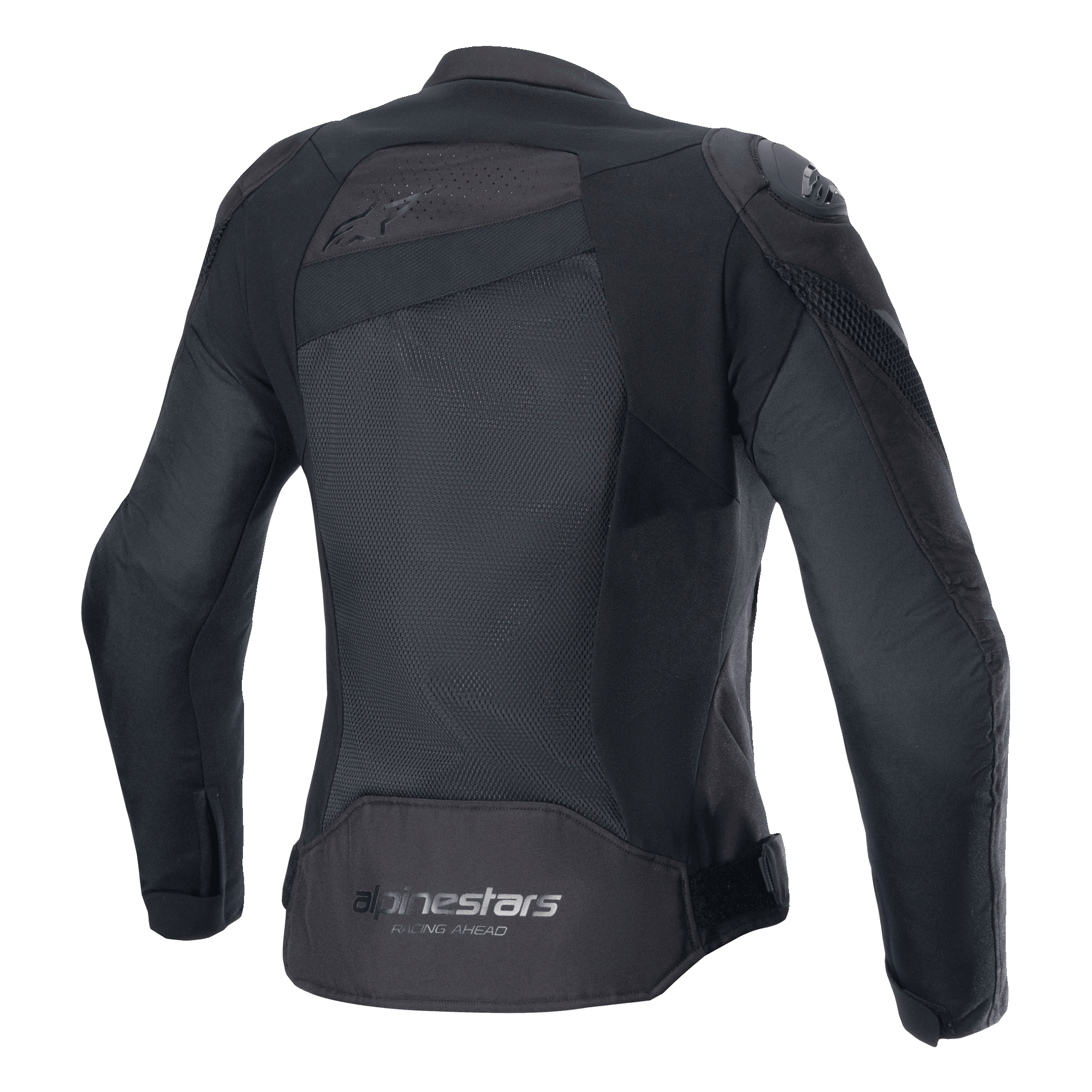 Veste Alpinestars Stella T-GP Plus R V4 Airflow, noire, vue de dos avec de larges panneaux en mesh pour un flux d'air maximal, logo « Alpinestars Racing Ahead » sur le bas du dos, veste de moto sport en textile pour femme