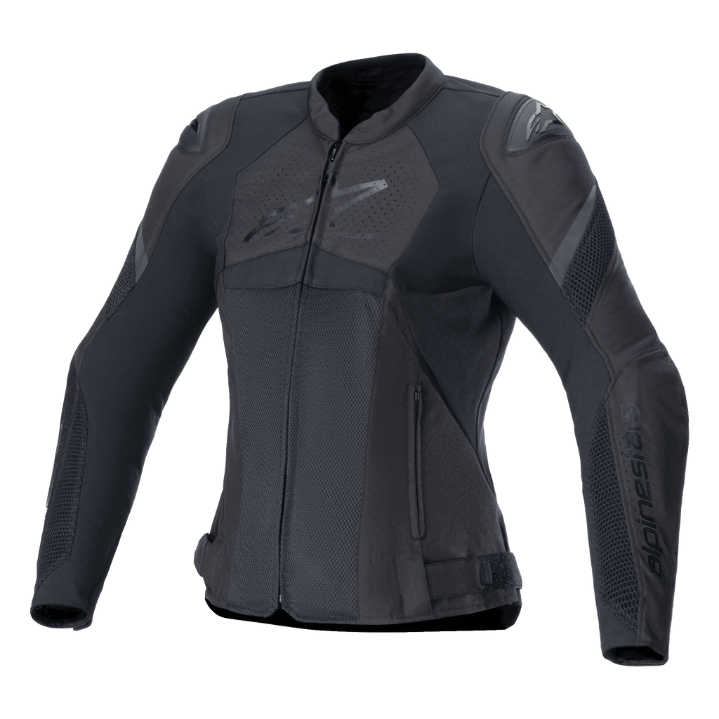 Alpinestars Stella T-GP Plus R V4 Airflow Jacket, veste de moto sport pour femme, noire, larges panneaux de ventilation en mesh, sections perforées sur la poitrine avec logo Alpinestars, protections d'épaules DFS Lite, coupe anatomique pré-courbée pour la conduite en été