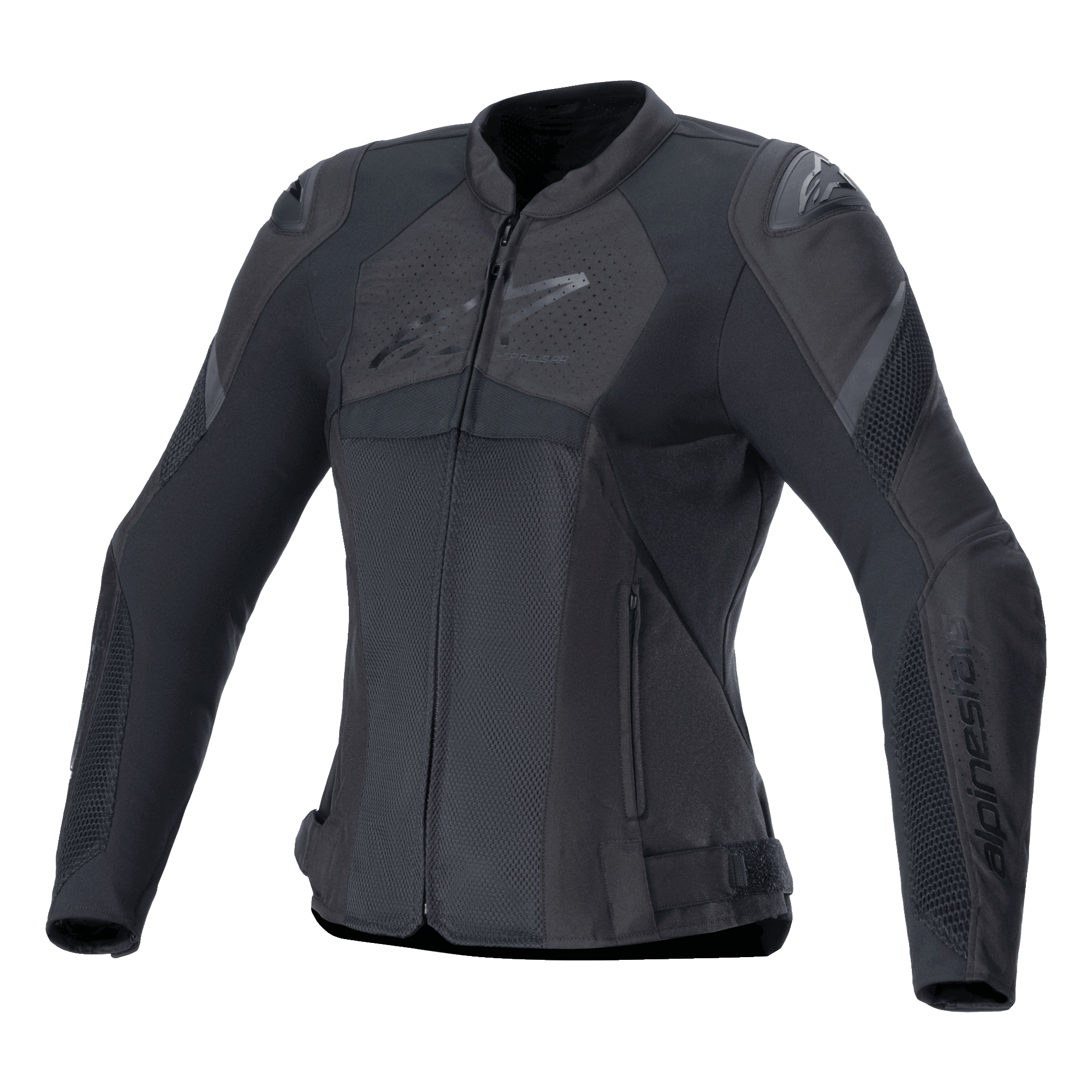 Alpinestars Stella T-GP Plus R V4 Airflow Jacket, veste de moto sport pour femme, noire, larges panneaux de ventilation en mesh, sections perforées sur la poitrine avec logo Alpinestars, protections d'épaules DFS Lite, coupe anatomique pré-courbée pour la conduite en été