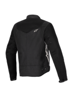 Veste Alpinestars Stella T-Dyno Air, veste de moto pour femme, noire, vue de trois-quarts arrière présentant des panneaux en maille 3D étendus sur le joug et les manches, logo Alpinestars blanc, et construction textile ajustée pour la conduite estivale
