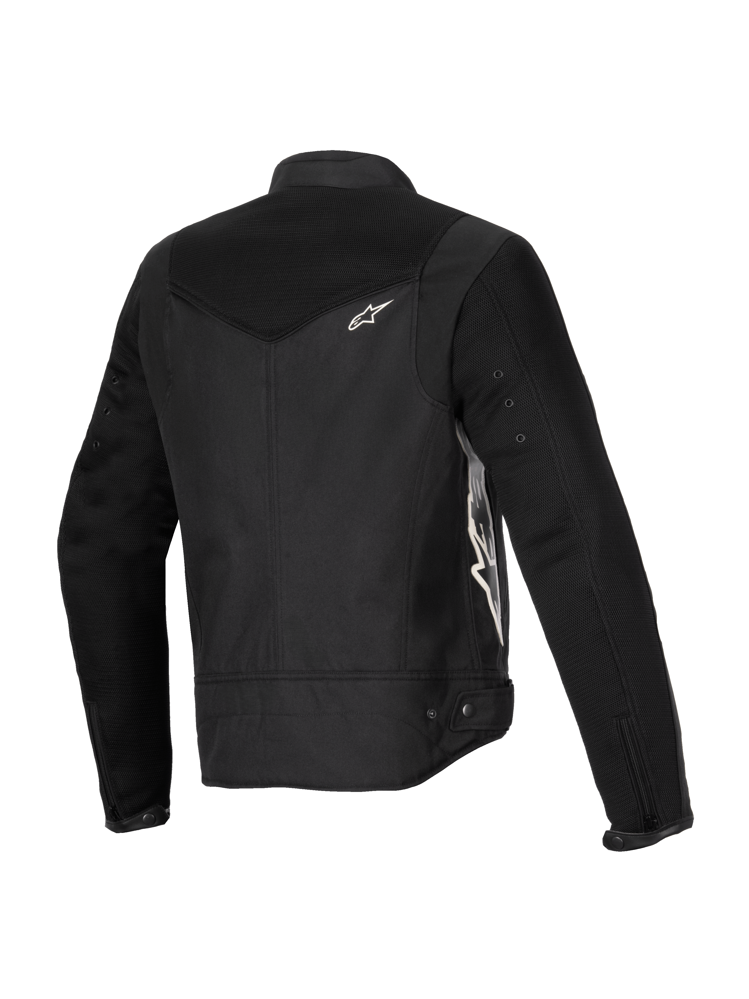 Veste Alpinestars Stella T-Dyno Air, veste de moto pour femme, noire, vue de trois-quarts arrière présentant des panneaux en maille 3D étendus sur le joug et les manches, logo Alpinestars blanc, et construction textile ajustée pour la conduite estivale