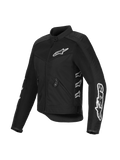 Veste de moto Alpinestars Stella T-Dyno Air pour femme, noire, textile et mesh avec logos blancs sur la poitrine et les manches, panneaux en maille 3D pour la circulation de l'air, coupe ajustée d'inspiration vintage