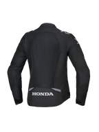 Veste Alpinestars Honda Stella T-SPS Air V2 pour femme, vue arrière, noir avec des accents gris foncé et gris glacé, dotée d'un grand panneau arrière en maille technique et d'un logo Honda blanc sur le bas du dos, coupe spécifique aux femmes orientée performance.