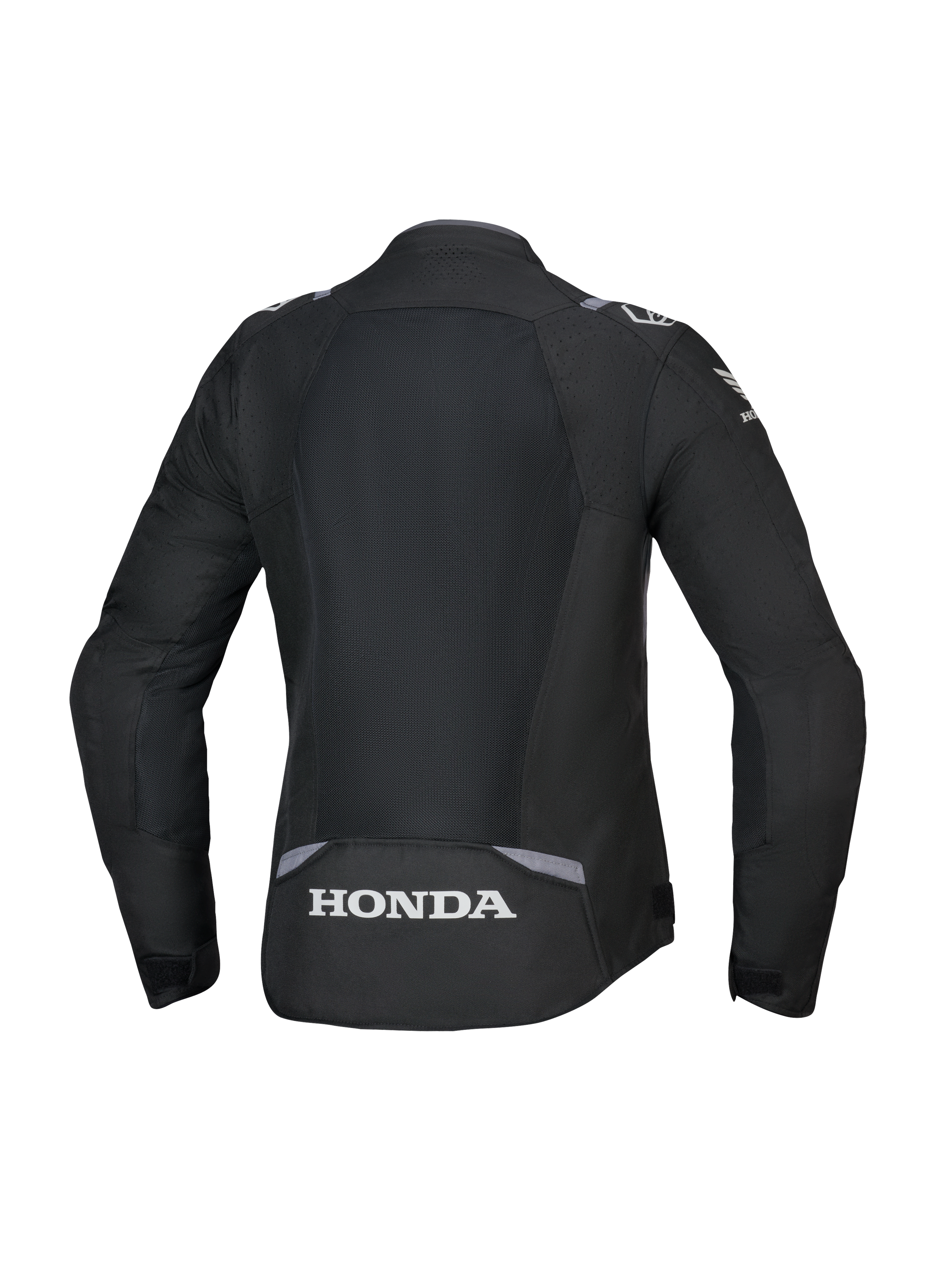 Veste Alpinestars Honda Stella T-SPS Air V2 pour femme, vue arrière, noir avec des accents gris foncé et gris glacé, dotée d'un grand panneau arrière en maille technique et d'un logo Honda blanc sur le bas du dos, coupe spécifique aux femmes orientée performance.
