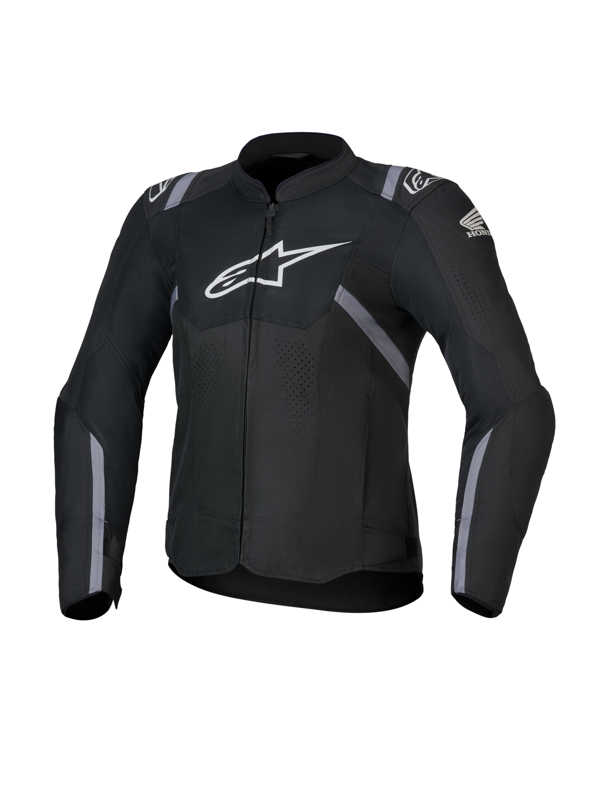 Honda Woman Stella T-SPS Air V2 Jacket, Women's Textile Motorcycle Jacket, Black with white Alpinestars and Honda logos, gray stripe accents, perforated mesh panels for airflow, sport riding fit