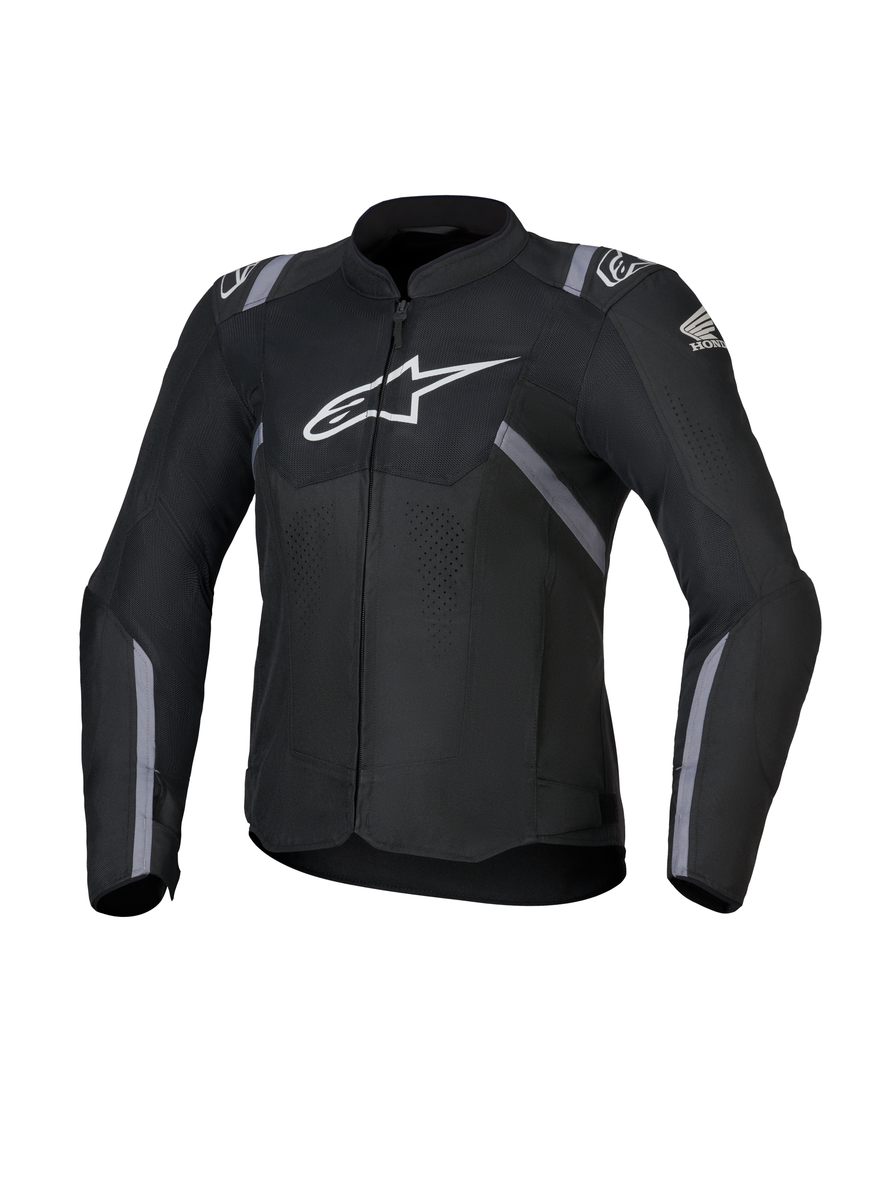 Veste Honda Stella T-SPS Air V2 pour femme, veste de moto en textile, noire avec logos Alpinestars et Honda blancs, accents de bandes grises, panneaux en mesh perforé pour la circulation de l'air, coupe sport