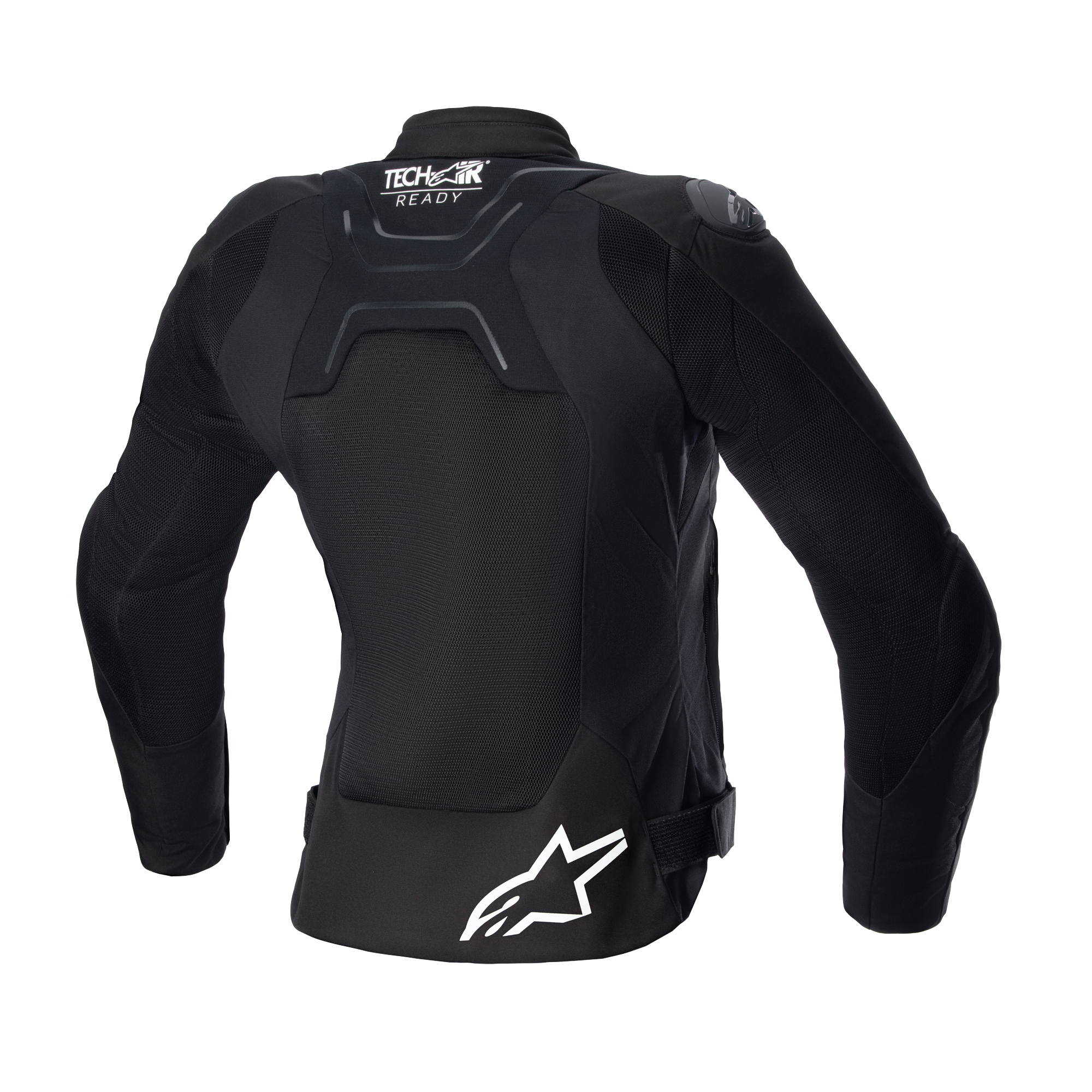 Veste Alpinestars Stella SMX Air pour femme, vue arrière, noir, dotée de panneaux en mesh dans le dos pour la circulation de l'air, marquage Tech-Air Ready sur le haut du dos, logo étoile Alpinestars blanc sur le bas du dos, sangles de réglage à la taille, veste de moto textile sport urbain