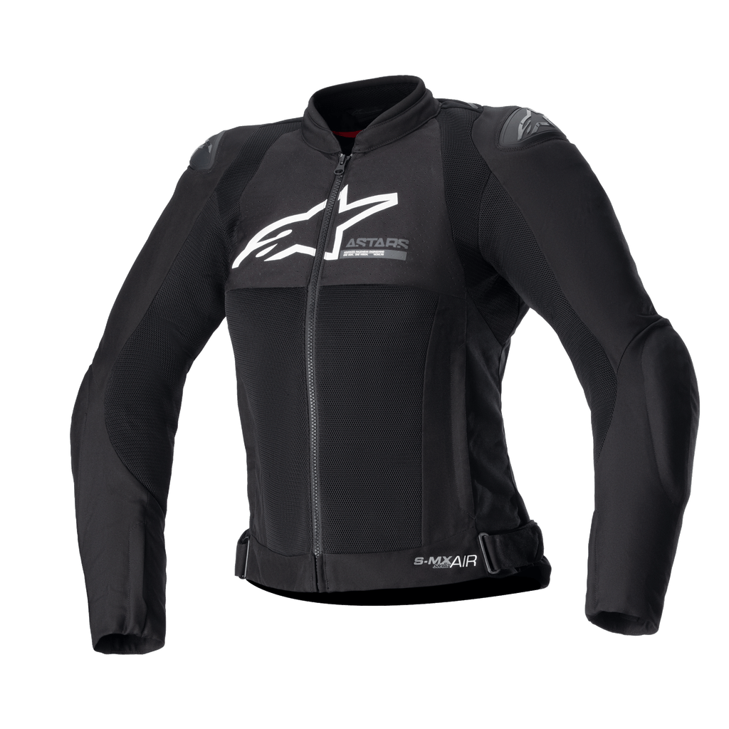 Veste Alpinestars Stella SMX Air pour femme, veste de moto noire en textile et mesh, logo blanc sur la poitrine, fermeture éclair frontale, col montant, curseurs d'épaule externes, construction en mesh respirante, design sportif pour la conduite en été