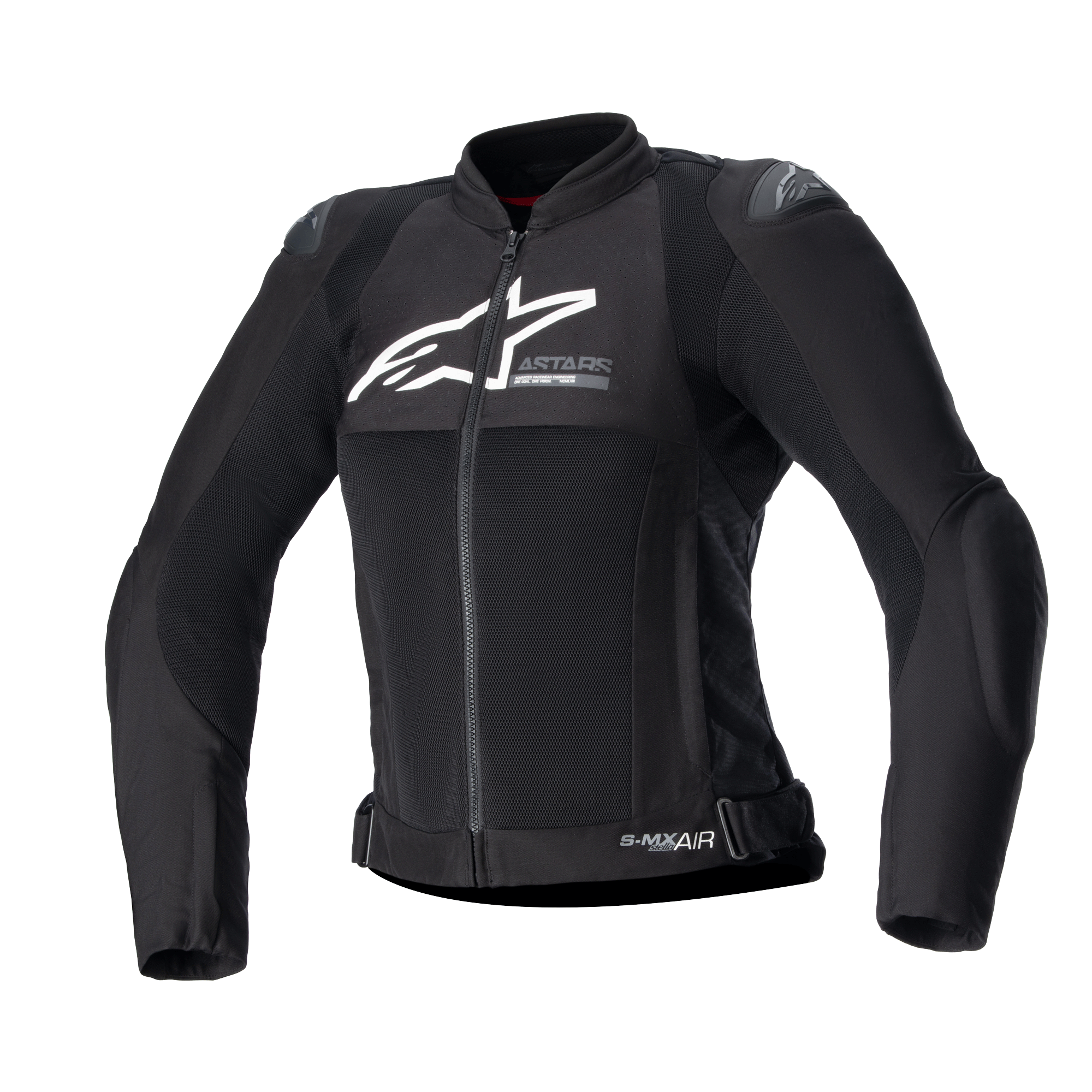 Veste Alpinestars Stella SMX Air pour femme, veste de moto noire en textile et mesh, logo blanc sur la poitrine, fermeture éclair frontale, col montant, curseurs d'épaule externes, construction en mesh respirante, design sportif pour la conduite en été