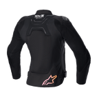 Veste Alpinestars Stella SMX Air pour femme, vue arrière, noire avec panneaux en maille, logo « Tech-Air Ready » sur le haut du dos et logo étoile avec dégradé du rose à l'orange en bas, veste de moto sportive protectrice