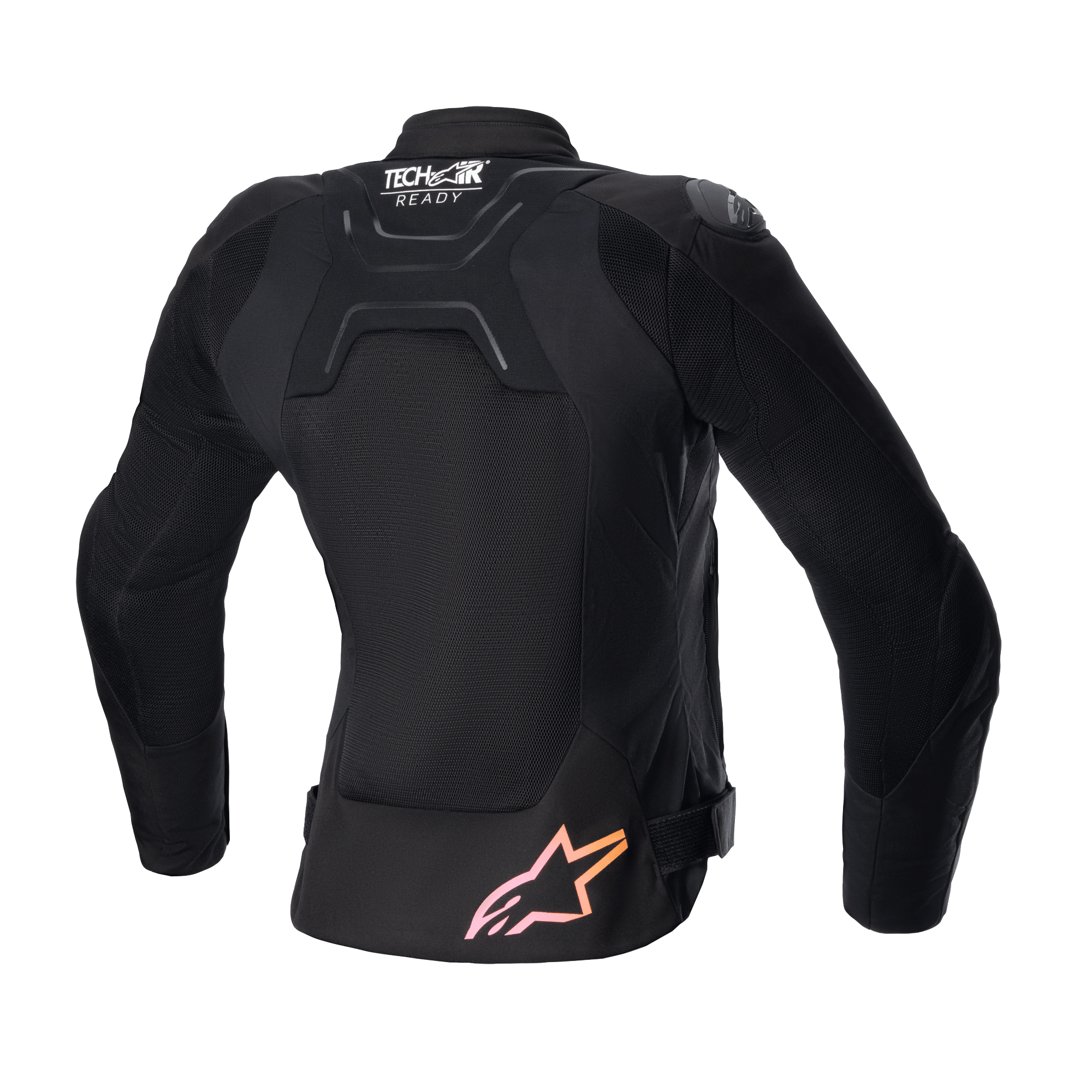 Veste Alpinestars Stella SMX Air pour femme, vue arrière, noire avec panneaux en maille, logo « Tech-Air Ready » sur le haut du dos et logo étoile avec dégradé du rose à l'orange en bas, veste de moto sportive protectrice
