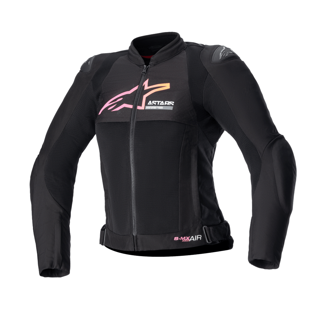 Alpinestars Veste Stella SMX Air Femme, veste de moto, noire avec logo en dégradé rose et jaune, vue de face présentant des panneaux de ventilation en maille, protections d'épaules DFS Lite et design ergonomique sportif