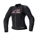 Alpinestars Veste Stella SMX Air Femme, veste de moto, noire avec logo en dégradé rose et jaune, vue de face présentant des panneaux de ventilation en maille, protections d'épaules DFS Lite et design ergonomique sportif