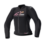 Alpinestars Veste Stella SMX Air Femme, veste de moto, noire avec logo en dégradé rose et jaune, vue de face présentant des panneaux de ventilation en maille, protections d'épaules DFS Lite et design ergonomique sportif