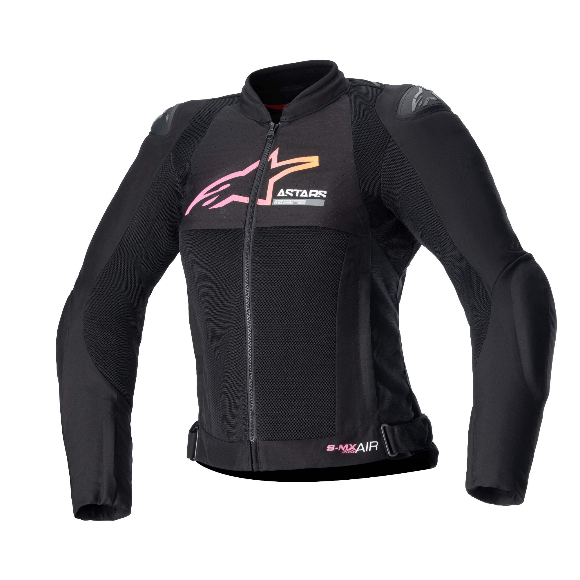 Alpinestars Veste Stella SMX Air Femme, veste de moto, noire avec logo en dégradé rose et jaune, vue de face présentant des panneaux de ventilation en maille, protections d'épaules DFS Lite et design ergonomique sportif
