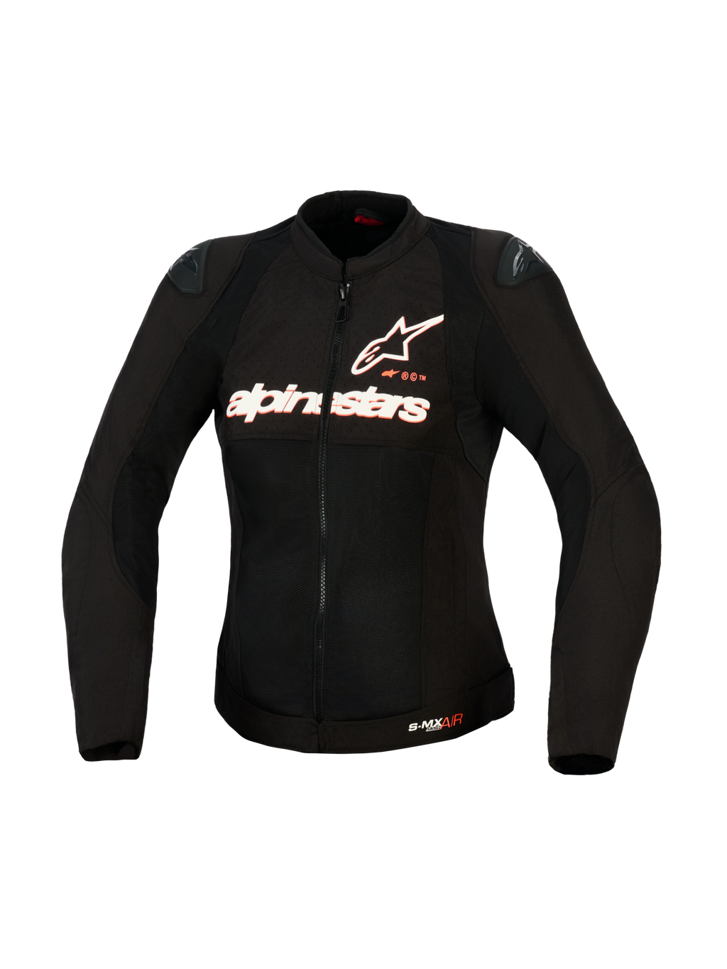 Veste Alpinestars Stella SMX Air pour femme, veste de moto en textile, noire avec marquage blanc et rouge fluo, vue de face montrant la construction en maille haute ventilation, logo Alpinestars sur la poitrine et sliders d'épaule DFS Lite, coupe spécifique pour femme.