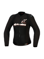 Veste Alpinestars Stella SMX Air pour femme, veste de moto en textile, noire avec marquage blanc et rouge fluo, vue de face montrant la construction en maille haute ventilation, logo Alpinestars sur la poitrine et sliders d'épaule DFS Lite, coupe spécifique pour femme.