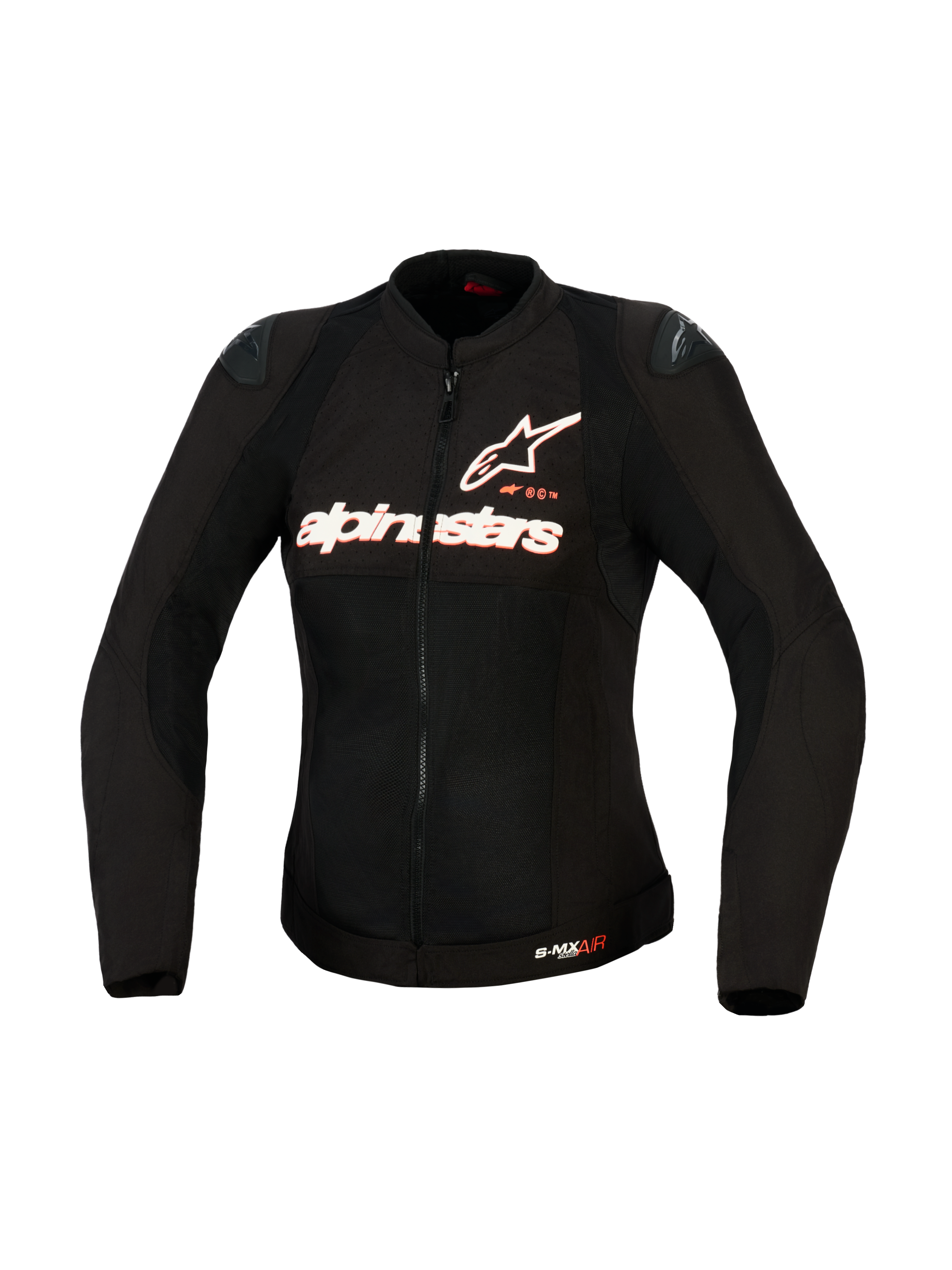 Veste Alpinestars Stella SMX Air pour femme, veste de moto en textile, noire avec marquage blanc et rouge fluo, vue de face montrant la construction en maille haute ventilation, logo Alpinestars sur la poitrine et sliders d'épaule DFS Lite, coupe spécifique pour femme.