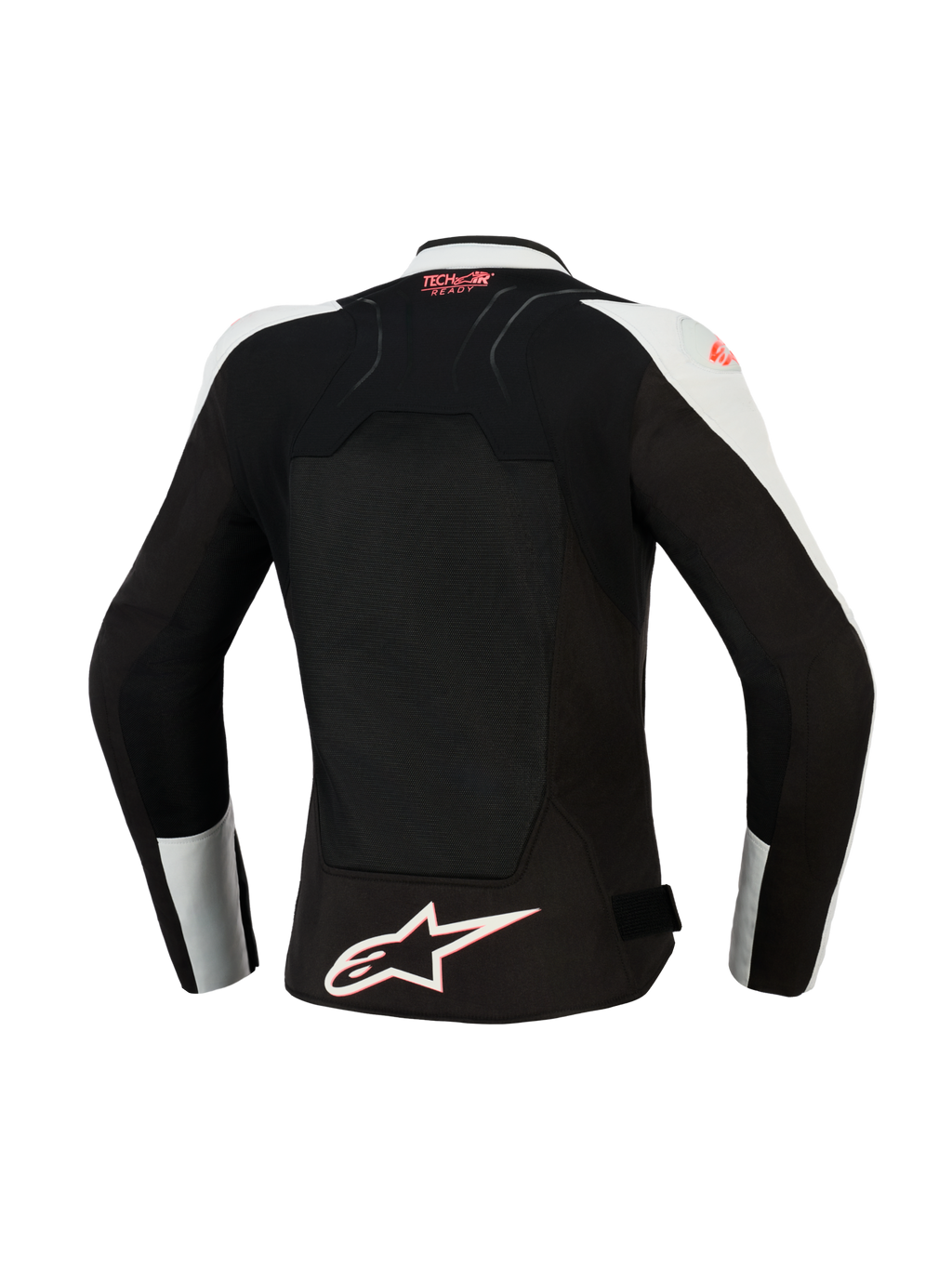Veste Alpinestars Stella SMX Air pour femme, vue arrière, Gris Glacé et Noir avec accents Corail Fluo, dotée d'un large panneau dorsal en maille aérée, marquage Tech-Air Ready sur le haut du dos et logo étoile Alpinestars blanc à l'ourlet.