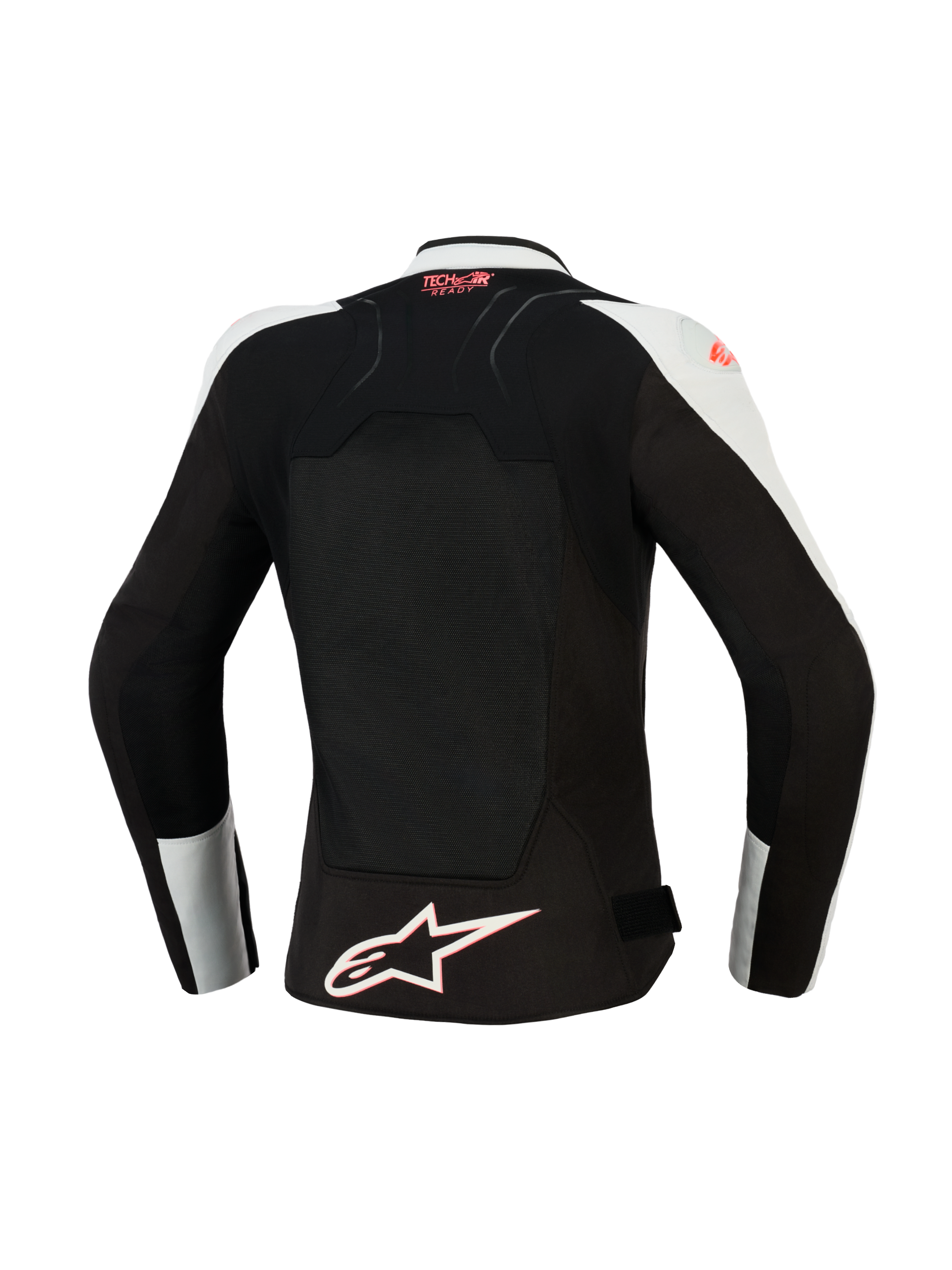 Veste Alpinestars Stella SMX Air pour femme, vue arrière, Gris Glacé et Noir avec accents Corail Fluo, dotée d'un large panneau dorsal en maille aérée, marquage Tech-Air Ready sur le haut du dos et logo étoile Alpinestars blanc à l'ourlet.