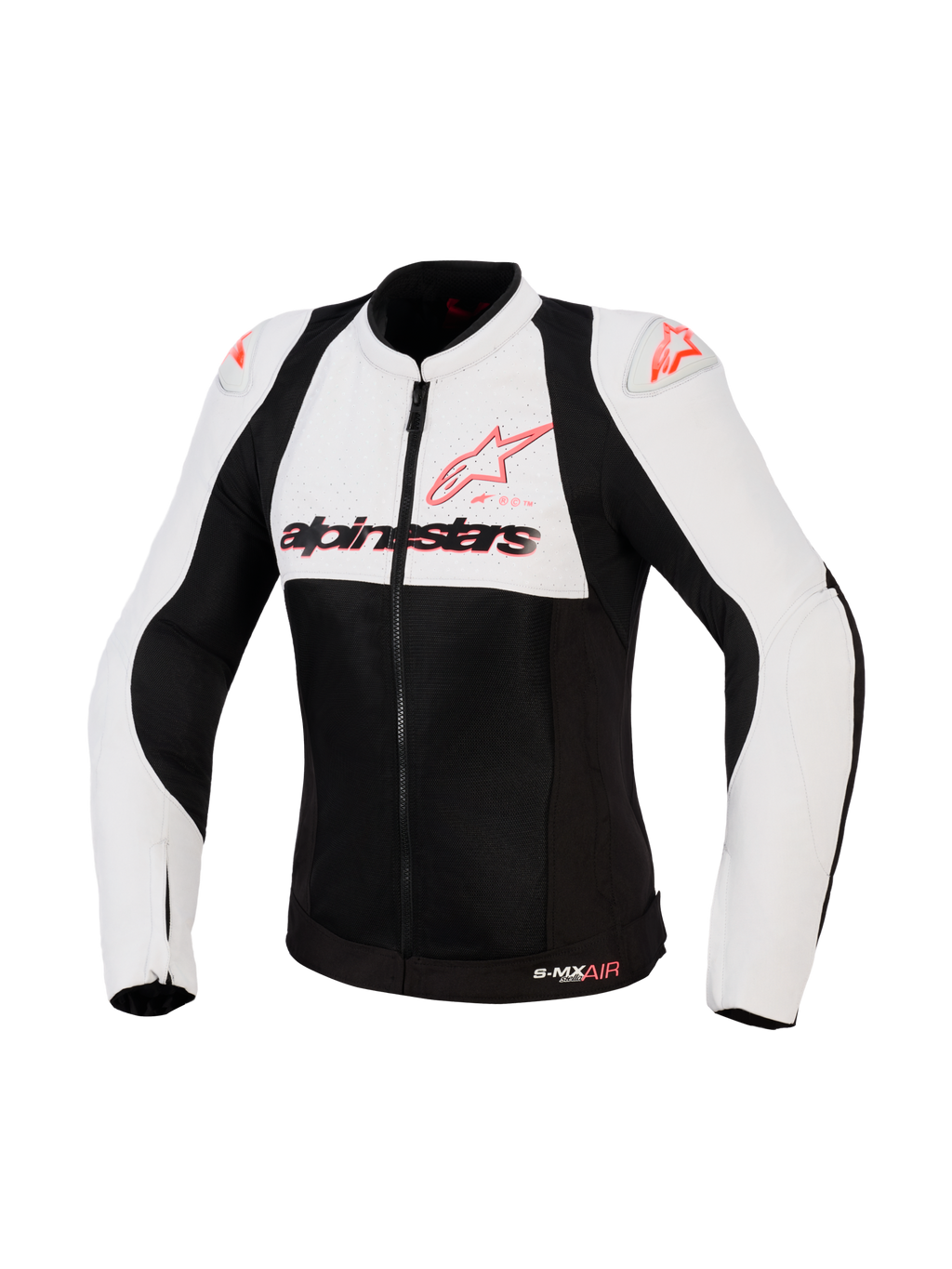 Veste Alpinestars Stella SMX Air, veste de moto pour femme, Gris Glacé, Noir et Corail Fluo, vue de face avec panneaux en textile perforé et mesh, logo Alpinestars corail sur la poitrine et sliders d'épaules